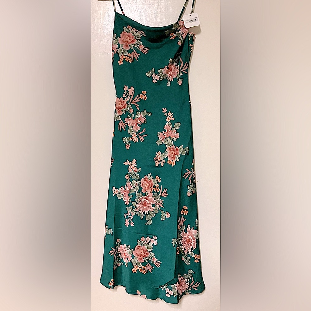 Altar'd State Green and Pink Silky Floral Midi Slip Dress - Size Small - Picture 5 of 9